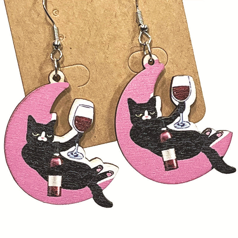 Wholesale 2 Pairs/pack Red Wine Party Drinking Cat Wooden Earrings